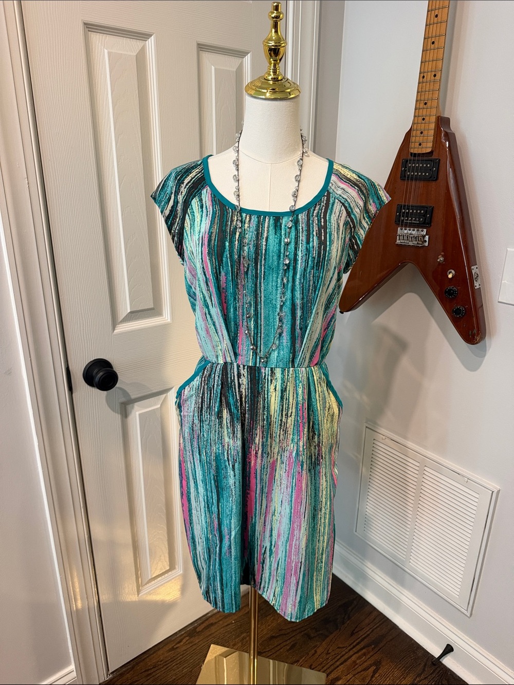 Striped Teal Midi Dress with Pink & Black Accents